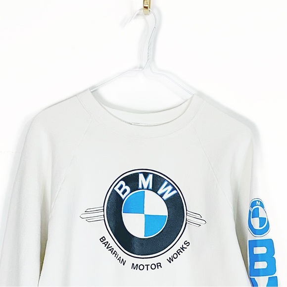 Vtg 80s 90s BMW Bavarian Motor Works Logo Fruit of the Loom White Sweatshirt L - Picture 3 of 12
